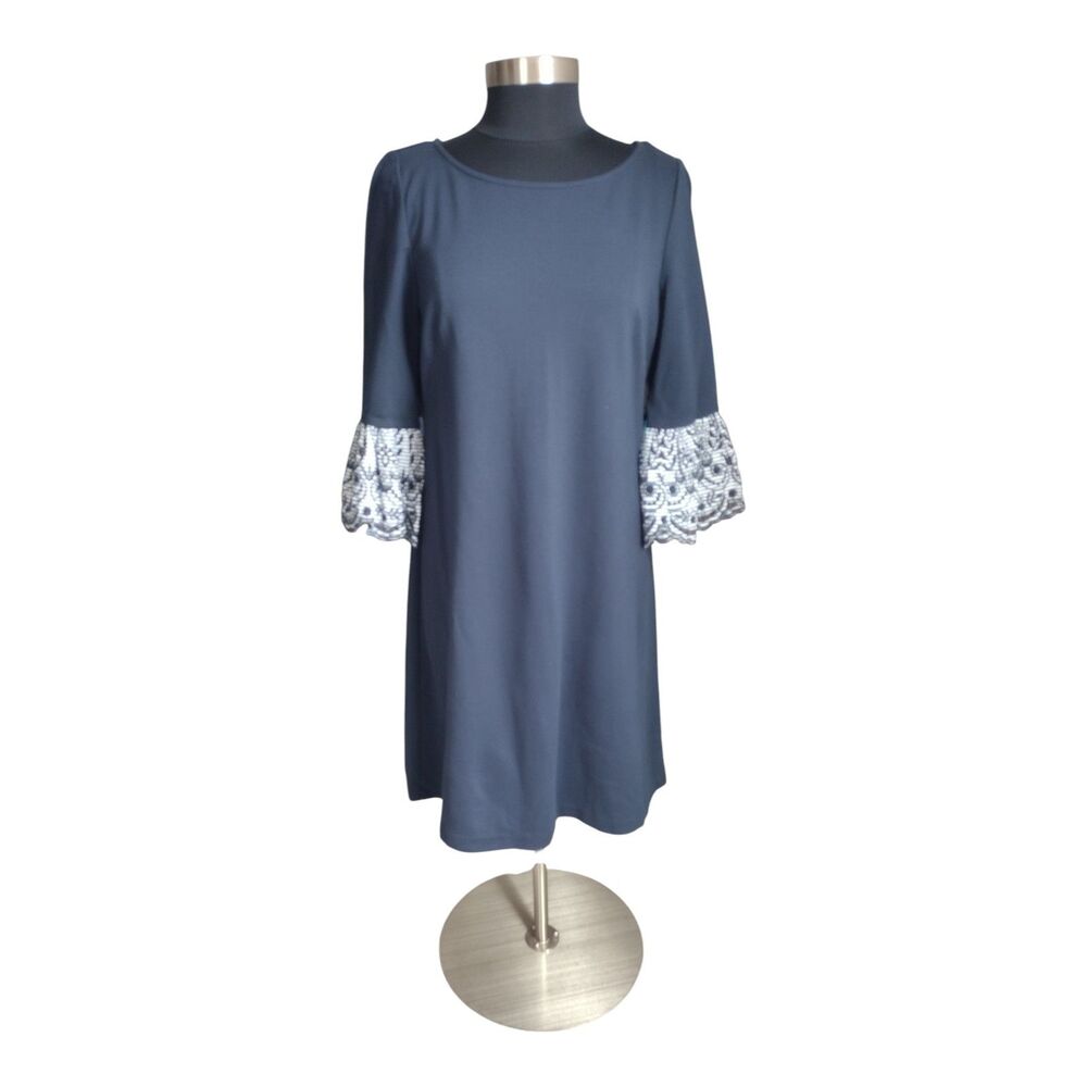 Eliza J Women's Navy White Midi Shift Dress Sz 14 Embroidered Sleeve Gold Zipper